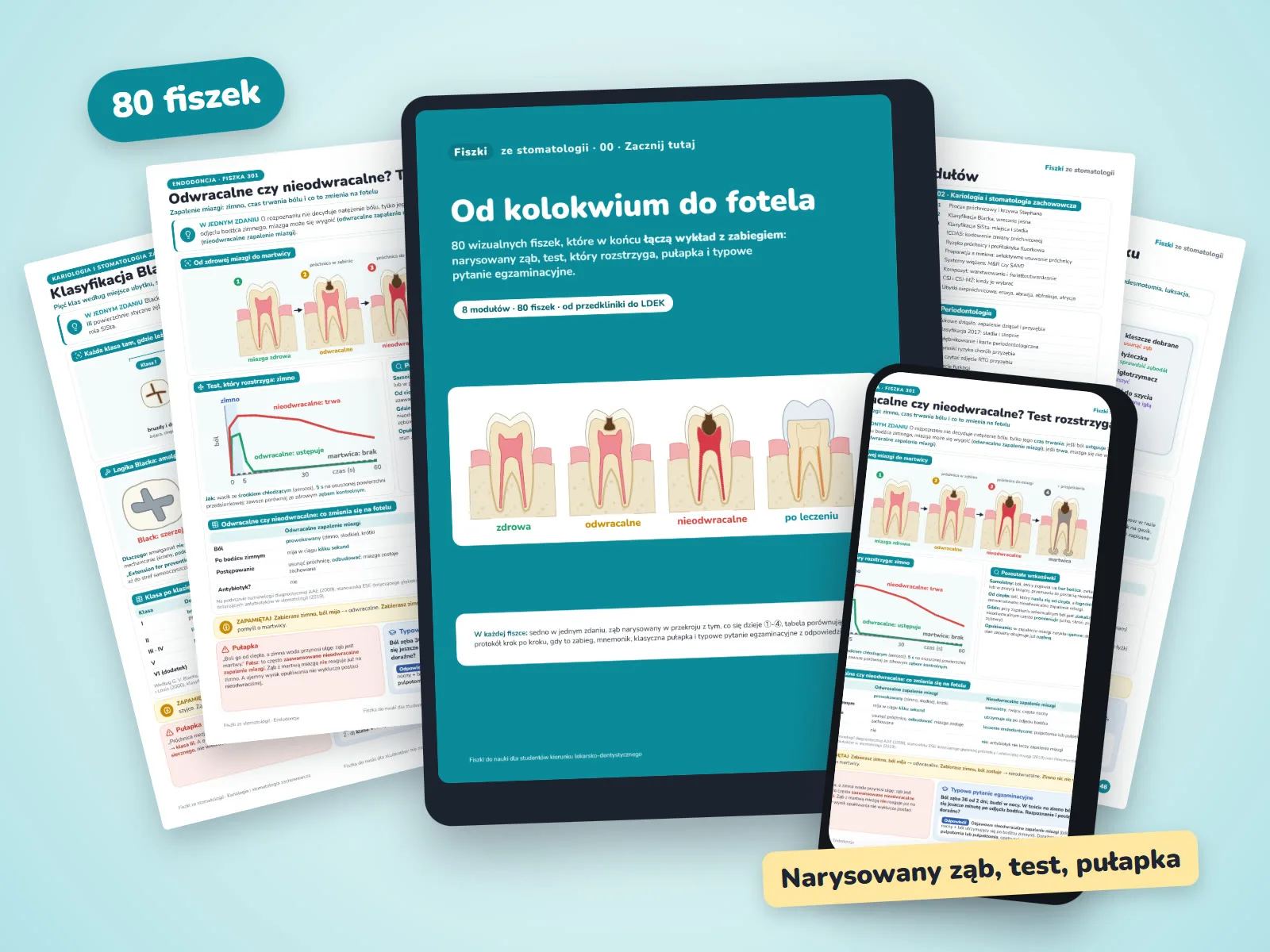 Fiszki ze stomatologii: okładka na tablecie, fiszka w telefonie i kolejne fiszki dookoła